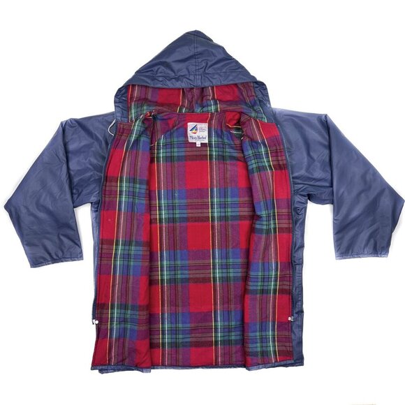 Misty Harbor Vintage Any Weather Slicker Hooded Raincoat Navy Red Plaid Size L - Picture 2 of 11